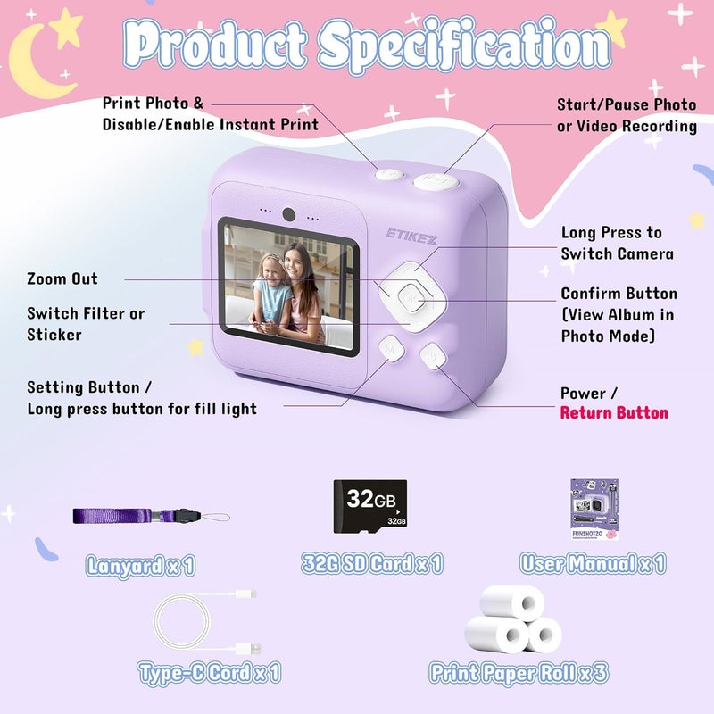 ETIKEZ Instant Print Camera for Kids, HD Digital Camera, Christmas Birthday Gifts for 4 5 6 7 8 9 10 Year Old Girls Boys, Portable Toy Camera with 32GB SD Card & 3 Rolls Printing Paper, Violet - Image 5
